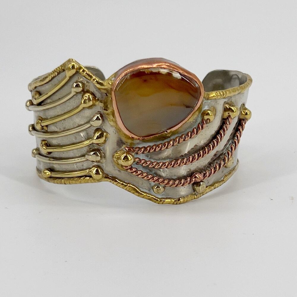 Artisan Mixed Metal Cuff Bracelet Picture Agate Stone Copper Brass Handmade